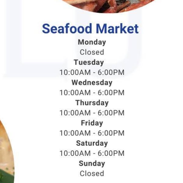 Blu Fish House's Seafood Market hours of operation, showing it's closed Monday and Sunday.