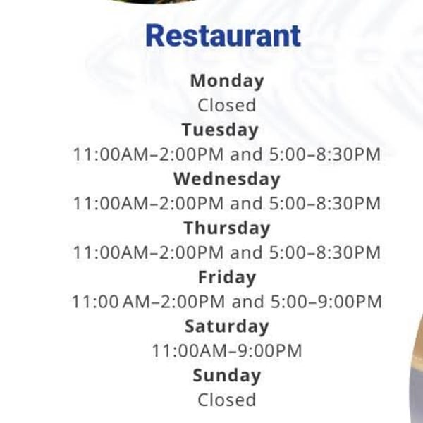 Blu Fish House restaurant hours of operation, showing lunch and dinner times Tuesday through Saturday.