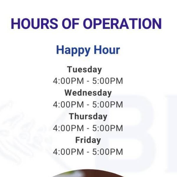 Blu Fish House Happy Hour schedule, Tuesday through Friday, from 4:00 PM to 5:00 PM.