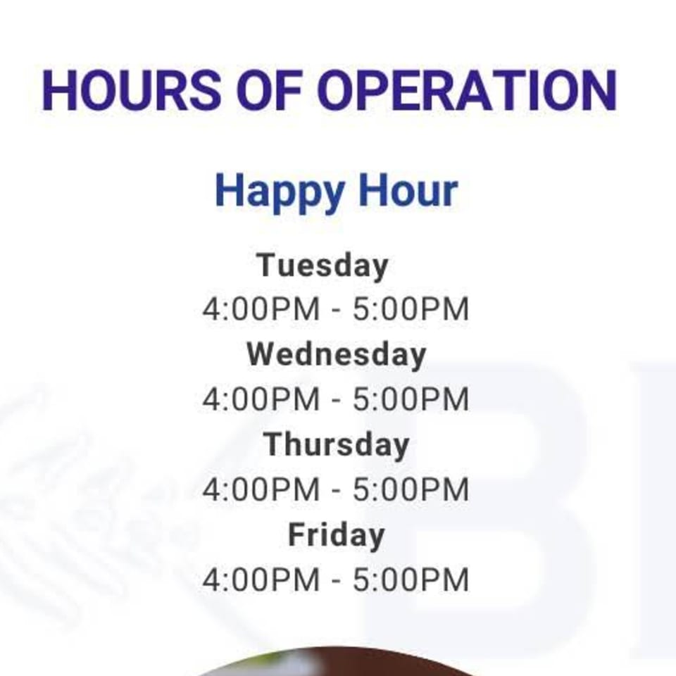 Blu Fish House Happy Hour schedule, Tuesday through Friday, from 4:00 PM to 5:00 PM.