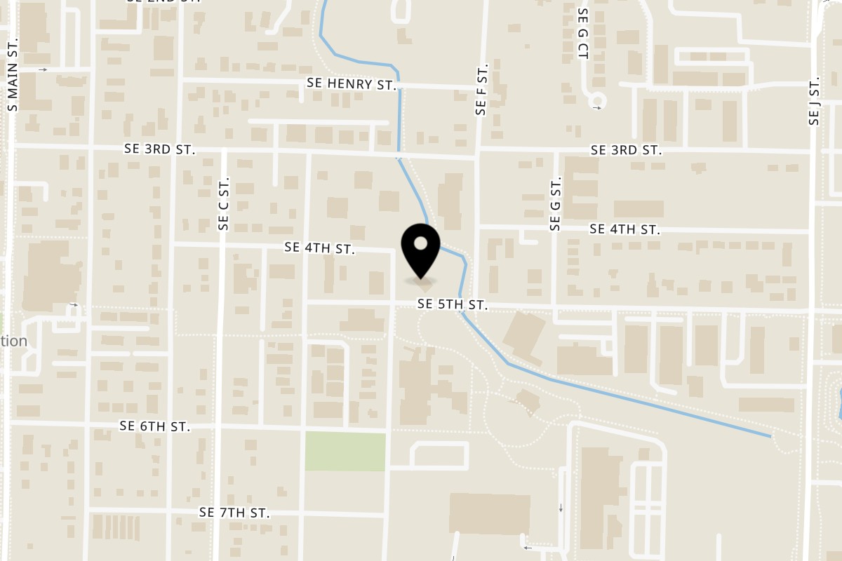 Map showing the location of Blu Fish House on 607 SE 5th St in Bentonville